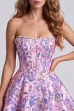 Vestido curto de regresso a casa sem alças Espartilho Floral Jacquard Pérolas Florais de Linha A
