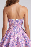 Vestido curto de regresso a casa sem alças Espartilho Floral Jacquard Pérolas Florais de Linha A