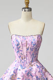 Vestido curto de regresso a casa sem alças Espartilho Floral Jacquard Pérolas Florais de Linha A