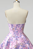 Vestido curto de regresso a casa sem alças Espartilho Floral Jacquard Pérolas Florais de Linha A