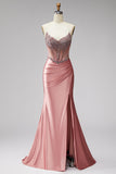 Vestido de baile corset de cetim e alças cor-de-rosa, com abertura e fenda