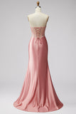 Vestido de baile corset de cetim e alças cor-de-rosa, com abertura e fenda
