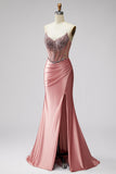Vestido de baile corset de cetim e alças cor-de-rosa, com abertura e fenda