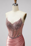 Vestido de baile corset de cetim e alças cor-de-rosa, com abertura e fenda