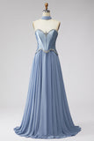 Espartilho de Chiffon de Cintura Basca Azul Poeirento, Vestido de Baile Longo com Strass e Cachecol