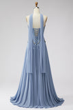 Espartilho de Chiffon de Cintura Basca Azul Poeirento, Vestido de Baile Longo com Strass e Cachecol