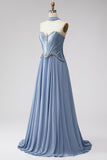 Espartilho de Chiffon de Cintura Basca Azul Poeirento, Vestido de Baile Longo com Strass e Cachecol