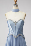 Espartilho de Chiffon de Cintura Basca Azul Poeirento, Vestido de Baile Longo com Strass e Cachecol