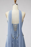 Espartilho de Chiffon de Cintura Basca Azul Poeirento, Vestido de Baile Longo com Strass e Cachecol