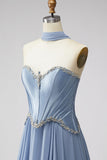 Espartilho de Chiffon de Cintura Basca Azul Poeirento, Vestido de Baile Longo com Strass e Cachecol