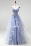 Espartilho transparente azul A-Line Transparente Vestido de Baile Longo com Bordado Floral