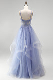 Espartilho transparente azul A-Line Transparente Vestido de Baile Longo com Bordado Floral