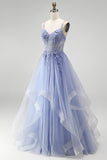 Espartilho transparente azul A-Line Transparente Vestido de Baile Longo com Bordado Floral