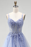 Espartilho transparente azul A-Line Transparente Vestido de Baile Longo com Bordado Floral