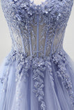 Espartilho transparente azul A-Line Transparente Vestido de Baile Longo com Bordado Floral