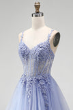 Espartilho transparente azul A-Line Transparente Vestido de Baile Longo com Bordado Floral