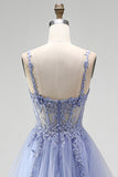 Espartilho transparente azul A-Line Transparente Vestido de Baile Longo com Bordado Floral