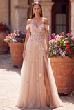 Glitter caído no ombro champanhe Lantejoulas Espartilho Vestido longo de tule Linha A com appliques