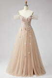 Glitter caído no ombro champanhe Lantejoulas Espartilho Vestido longo de tule Linha A com appliques