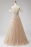 Glitter caído no ombro champanhe Lantejoulas Espartilho Vestido longo de tule Linha A com appliques
