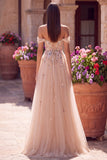 Glitter caído no ombro champanhe Lantejoulas Espartilho Vestido longo de tule Linha A com appliques