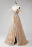 Glitter caído no ombro champanhe Lantejoulas Espartilho Vestido longo de tule Linha A com appliques