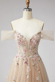 Glitter caído no ombro champanhe Lantejoulas Espartilho Vestido longo de tule Linha A com appliques