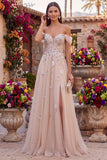 Glitter caído no ombro champanhe Lantejoulas Espartilho Vestido longo de tule Linha A com appliques