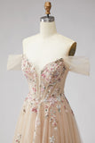 Glitter caído no ombro champanhe Lantejoulas Espartilho Vestido longo de tule Linha A com appliques