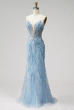 Vestido de baile sem alças com pérolas azul-claras, com contas