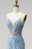 Vestido de baile sem alças com pérolas azul-claras, com contas