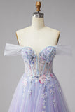 Corset lilás brilhante com bordado de pérolas Vestido longo de tule com fenda