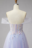 Corset lilás brilhante com bordado de pérolas Vestido longo de tule com fenda