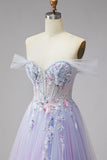 Corset lilás brilhante com bordado de pérolas Vestido longo de tule com fenda