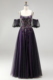 Vestido de baile longo de finalistas com brilhantes em roxo escuro A-Line Glitter com mangas bufantes