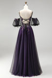 Vestido de baile longo de finalistas com brilhantes em roxo escuro A-Line Glitter com mangas bufantes