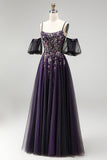 Vestido de baile longo de finalistas com brilhantes em roxo escuro A-Line Glitter com mangas bufantes