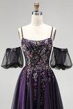 Vestido de baile longo de finalistas com brilhantes em roxo escuro A-Line Glitter com mangas bufantes
