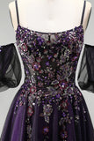 Vestido de baile longo de finalistas com brilhantes em roxo escuro A-Line Glitter com mangas bufantes