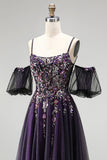 Vestido de baile longo de finalistas com brilhantes em roxo escuro A-Line Glitter com mangas bufantes