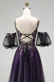 Vestido de baile longo de finalistas com brilhantes em roxo escuro A-Line Glitter com mangas bufantes
