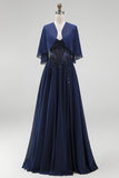 Espartilho azul-marinho Chiffon A-Line Straps Vestido Longo Mãe da Noiva com capa
