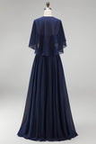 Espartilho azul-marinho Chiffon A-Line Straps Vestido Longo Mãe da Noiva com capa