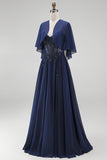Espartilho azul-marinho Chiffon A-Line Straps Vestido Longo Mãe da Noiva com capa