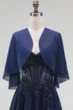 Espartilho azul-marinho Chiffon A-Line Straps Vestido Longo Mãe da Noiva com capa