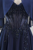 Espartilho azul-marinho Chiffon A-Line Straps Vestido Longo Mãe da Noiva com capa