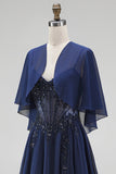 Espartilho azul-marinho Chiffon A-Line Straps Vestido Longo Mãe da Noiva com capa
