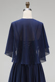 Espartilho azul-marinho Chiffon A-Line Straps Vestido Longo Mãe da Noiva com capa