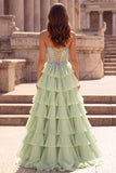 Vestido de Baile de Finalista Longo de Chiffon Verde Claro com Folhos Com Folhos Verde Claro