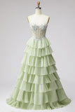 Vestido de Baile de Finalista Longo de Chiffon Verde Claro com Folhos Com Folhos Verde Claro